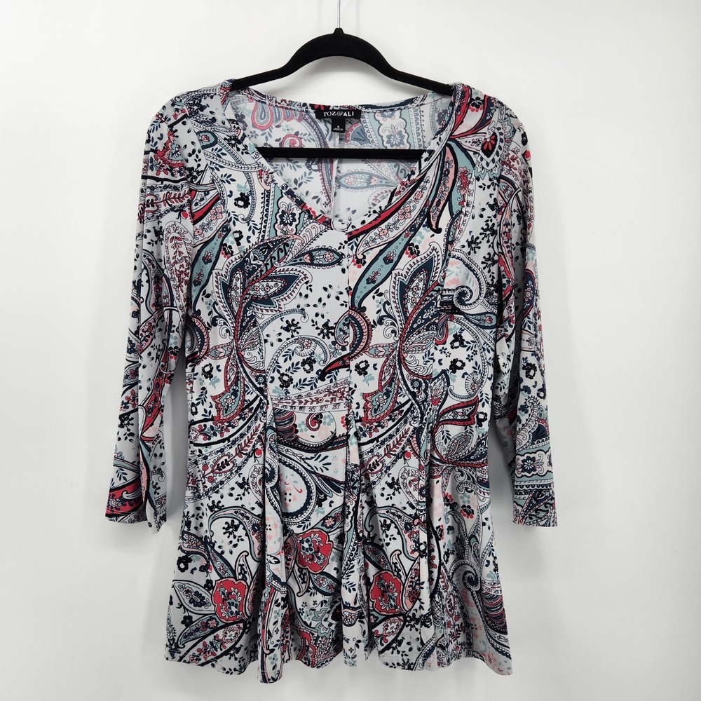 Roz &‎ Ali Paisley Print 3/4 Sleeve Pleated Tunic Top - Women's Small